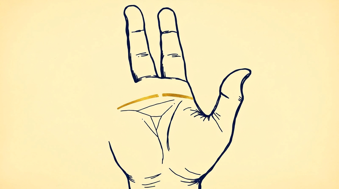 Illustration of a right palm with the heart line highlighted in gold, showing a small clean gap in the middle of the line