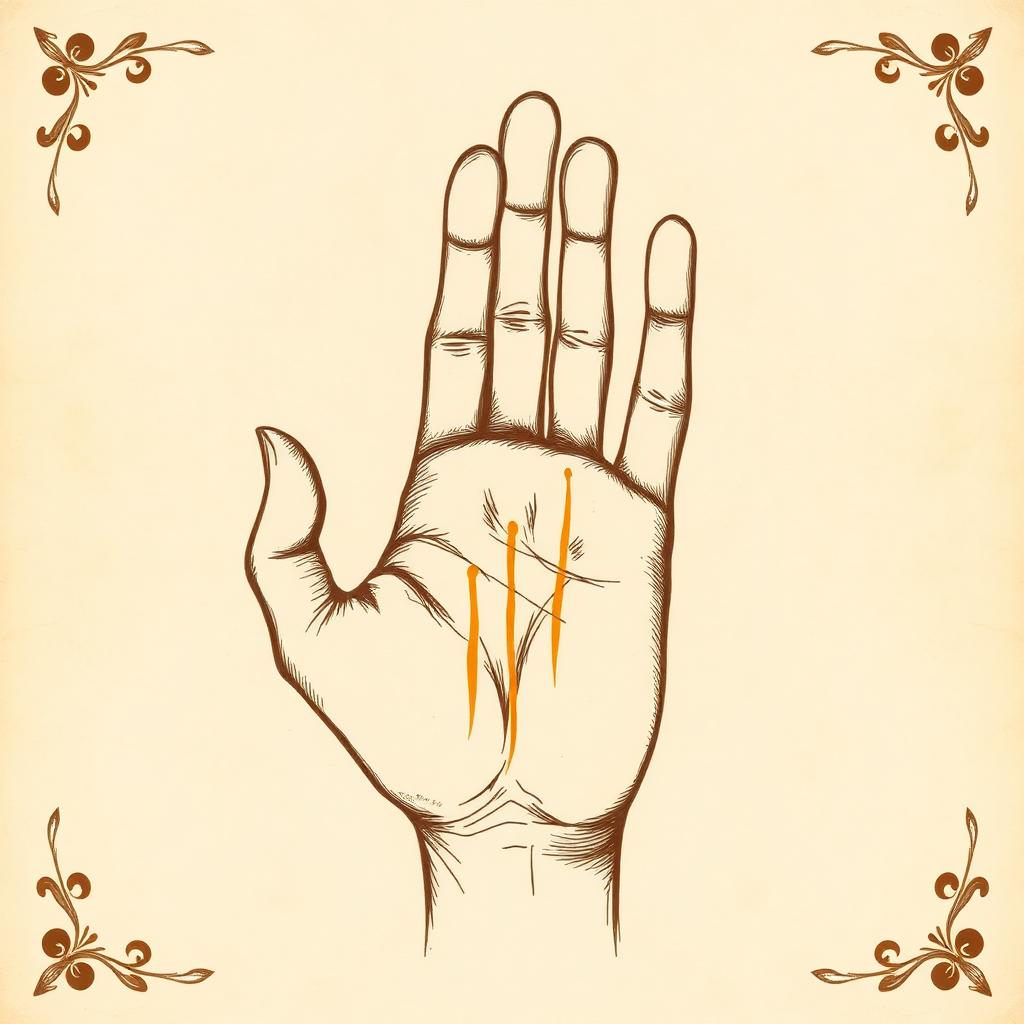 Illustration of a right palm on parchment with three small vertical career lines highlighted in gold rising from the base of the palm