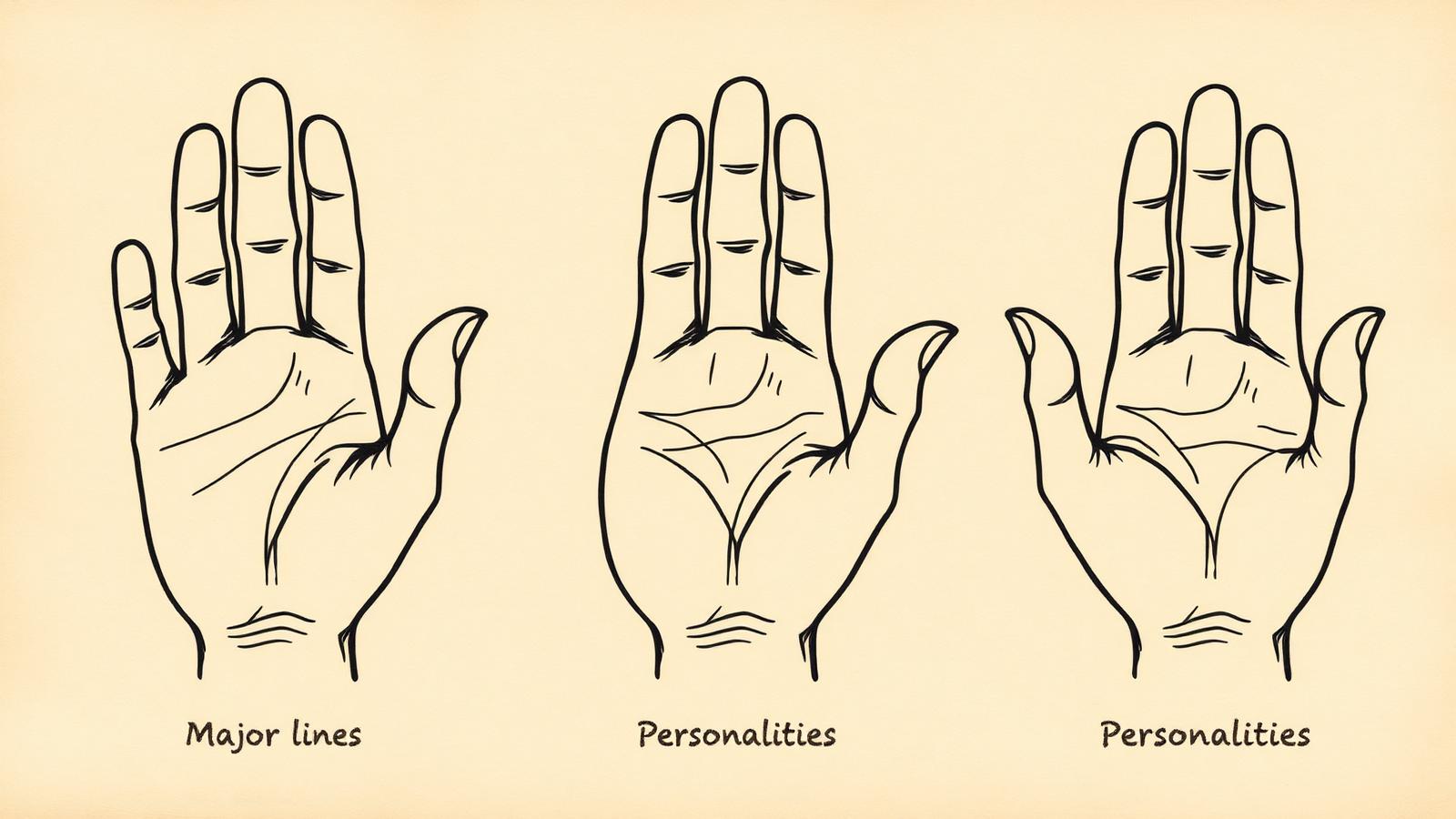 Three stylised palm illustrations in a row on parchment, each showing a different pattern of major lines