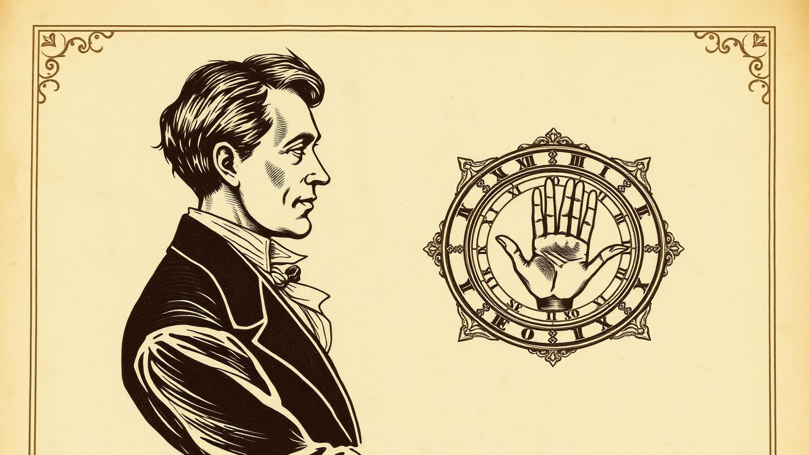 Vintage editorial portrait of Cheiro in profile beside an ornate framed palmistry diagram on aged parchment