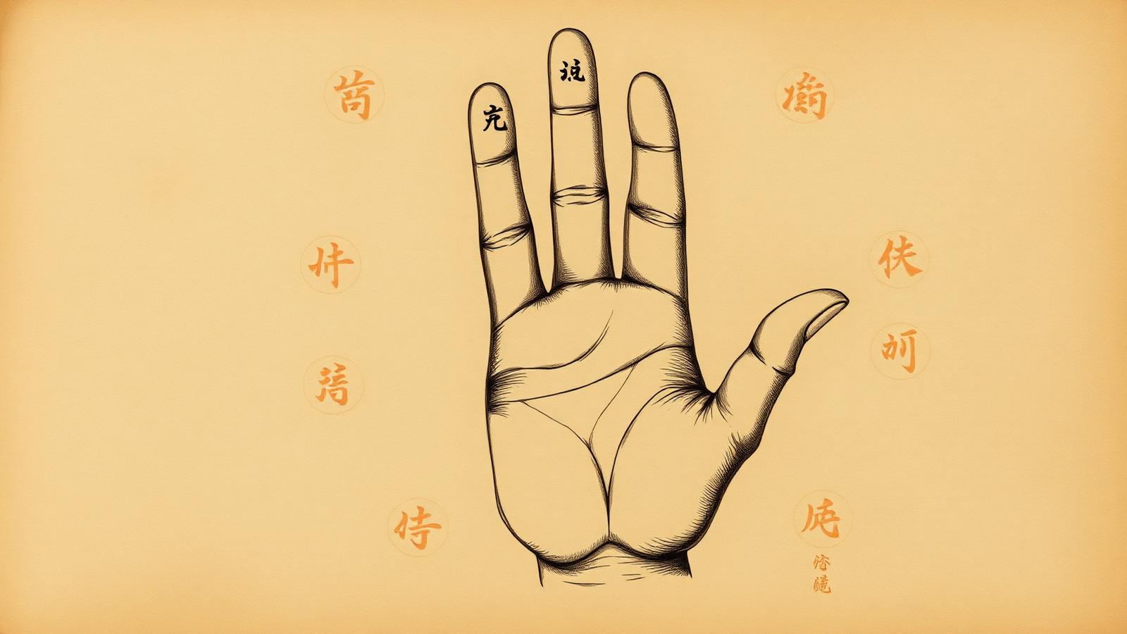 Illustration of a right palm on parchment with the eight trigrams of the I Ching labeled as small zones around the palm and the three main lines drawn in ink