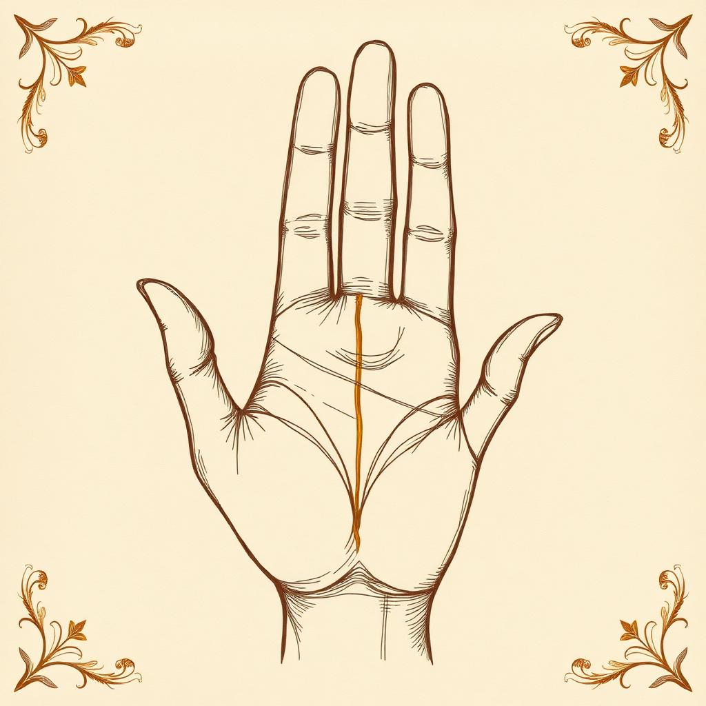 Illustration of a right palm with the fate line highlighted in gold, running vertically up the center of the palm toward the middle finger