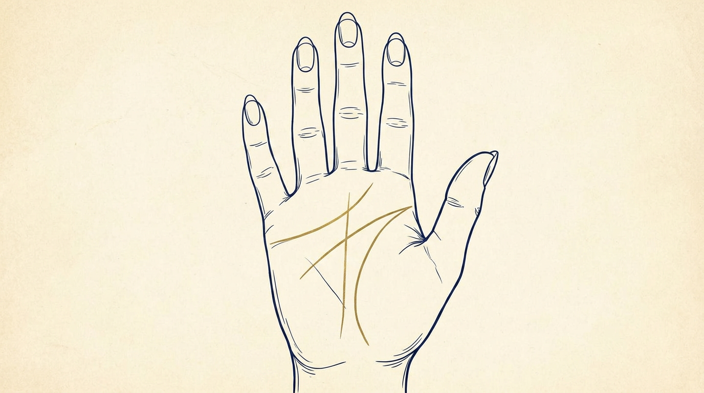 Illustration of a feminine right palm with the four major palm lines shown in gold: heart, head, life, and fate