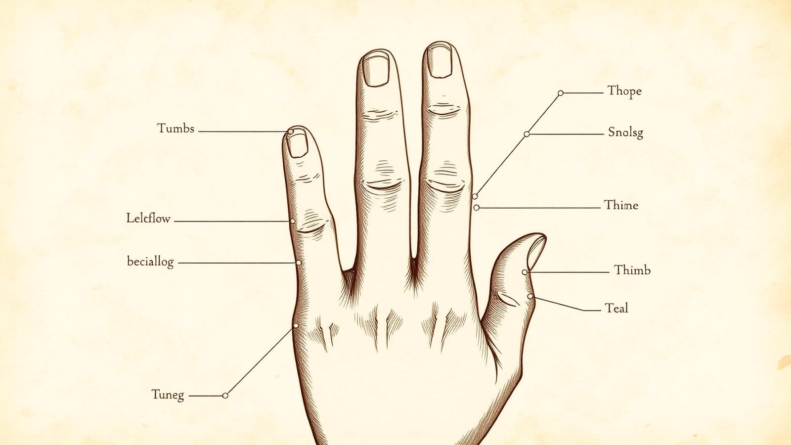 Illustration of a right hand on parchment showing the thumb and four fingers, each finger drawn with clear phalanges and knuckle joints