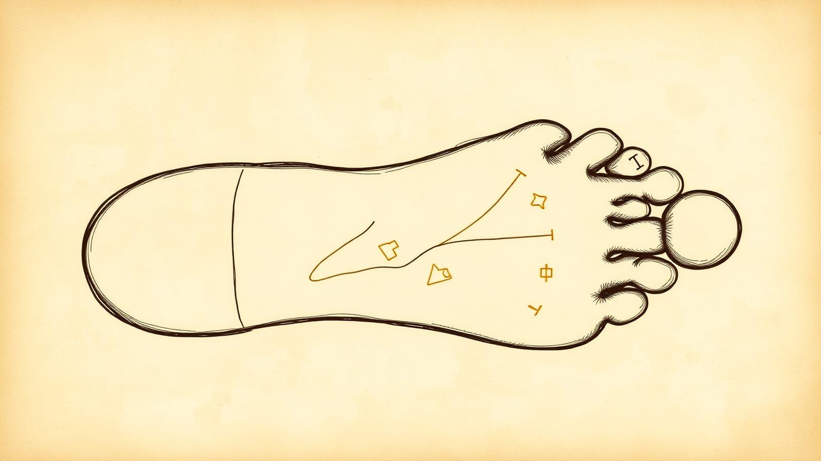 Illustration of the sole of a right foot on parchment with small lines and traditional palmistry-style symbols highlighted in gold ink