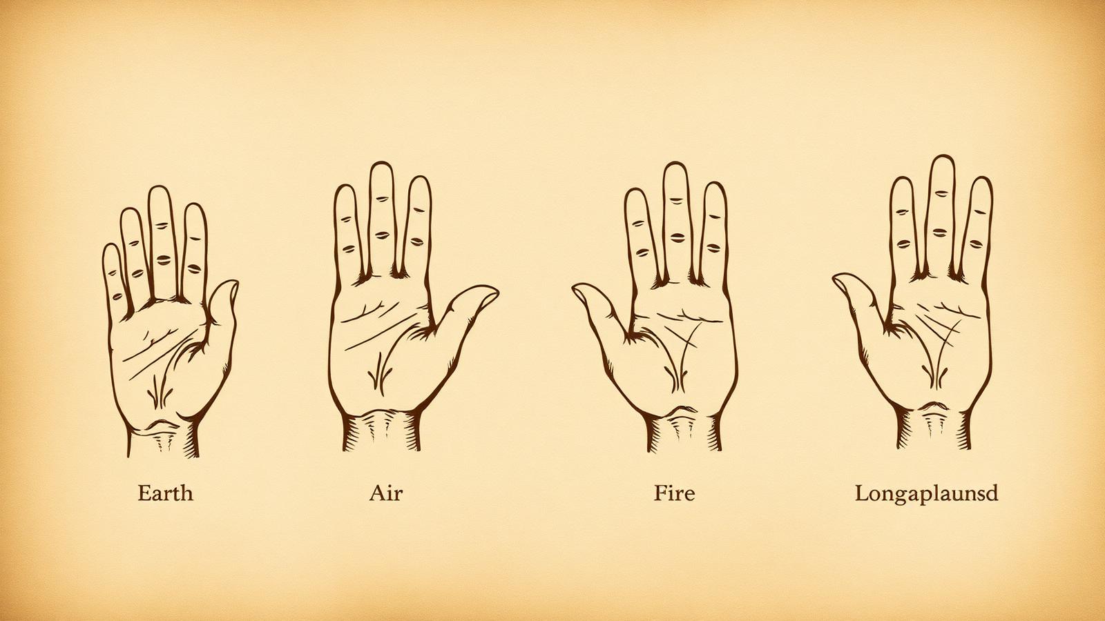 Illustration of four hand shapes side by side on parchment, showing the earth, air, fire, and water hands