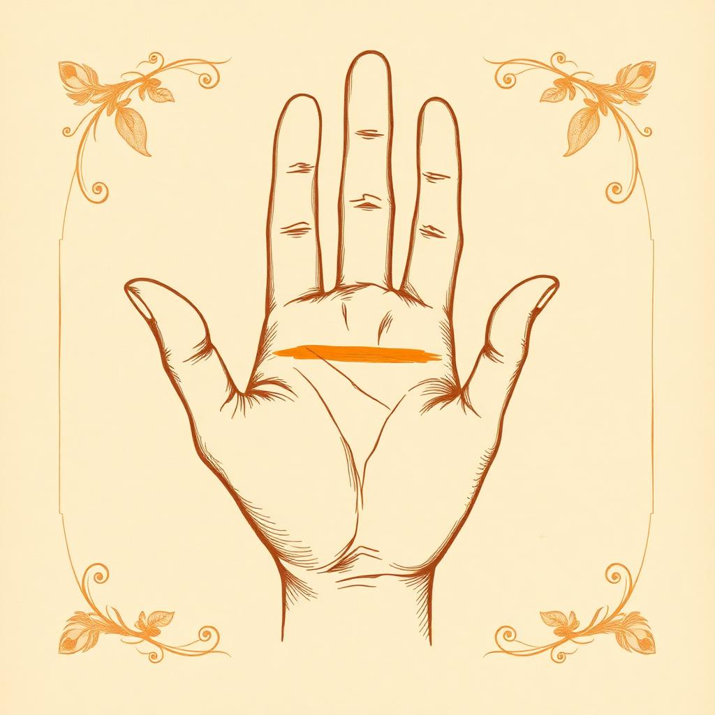 Illustration of a right palm on parchment with the head line highlighted in gold running horizontally across the middle of the palm