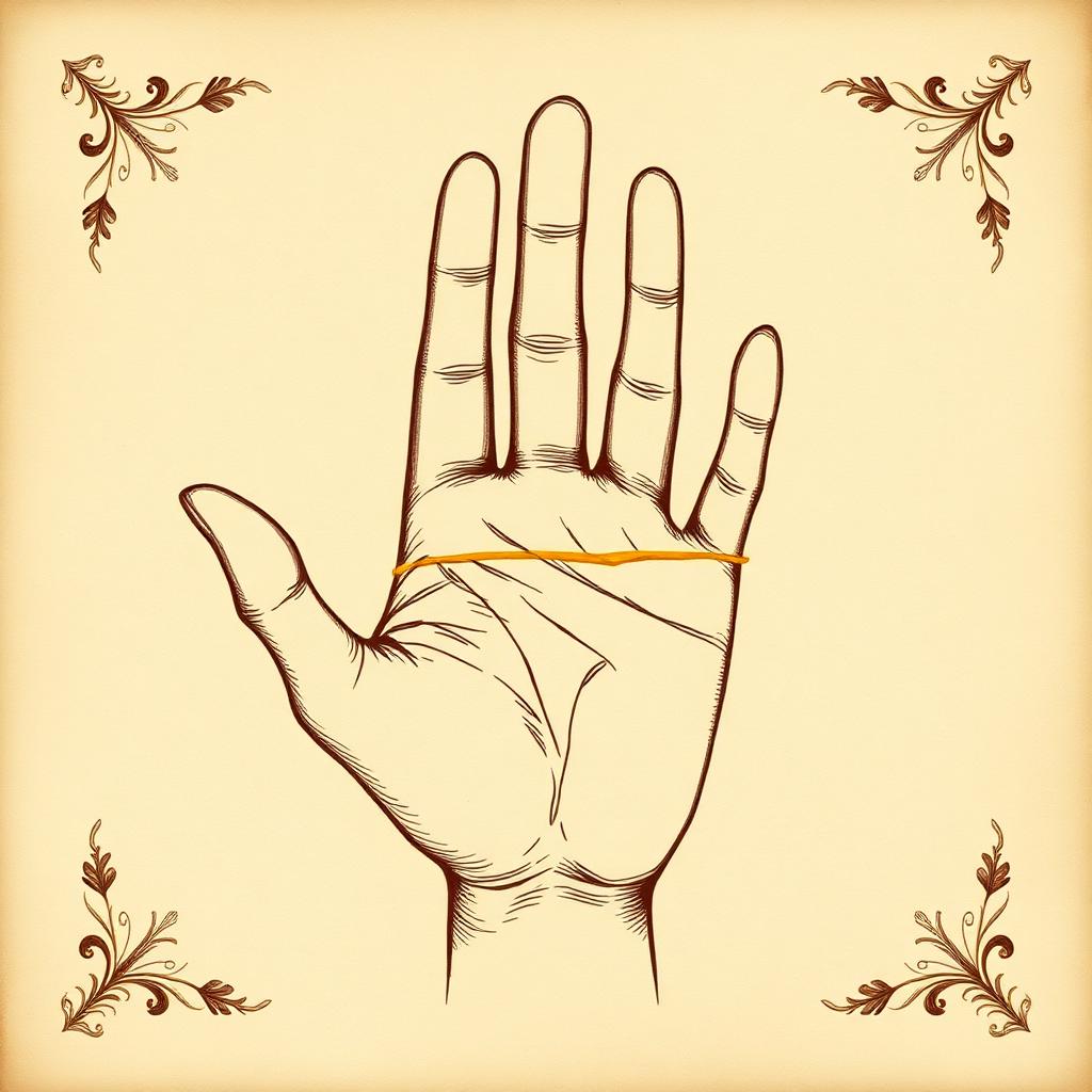 Illustration of a right palm on parchment with the health line highlighted in gold running diagonally toward the base of the little finger