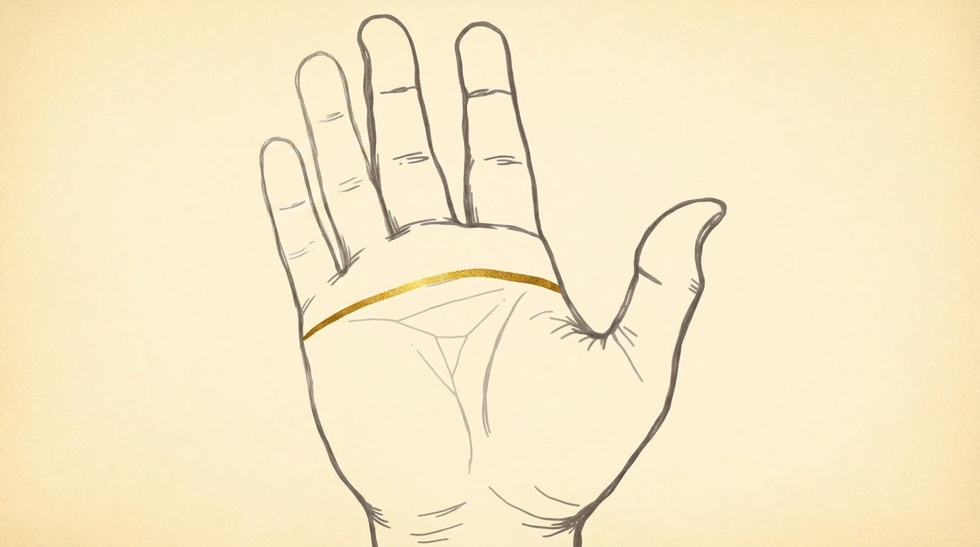 Illustration of a right palm with the heart line highlighted in gold, running horizontally across the upper palm just below the fingers