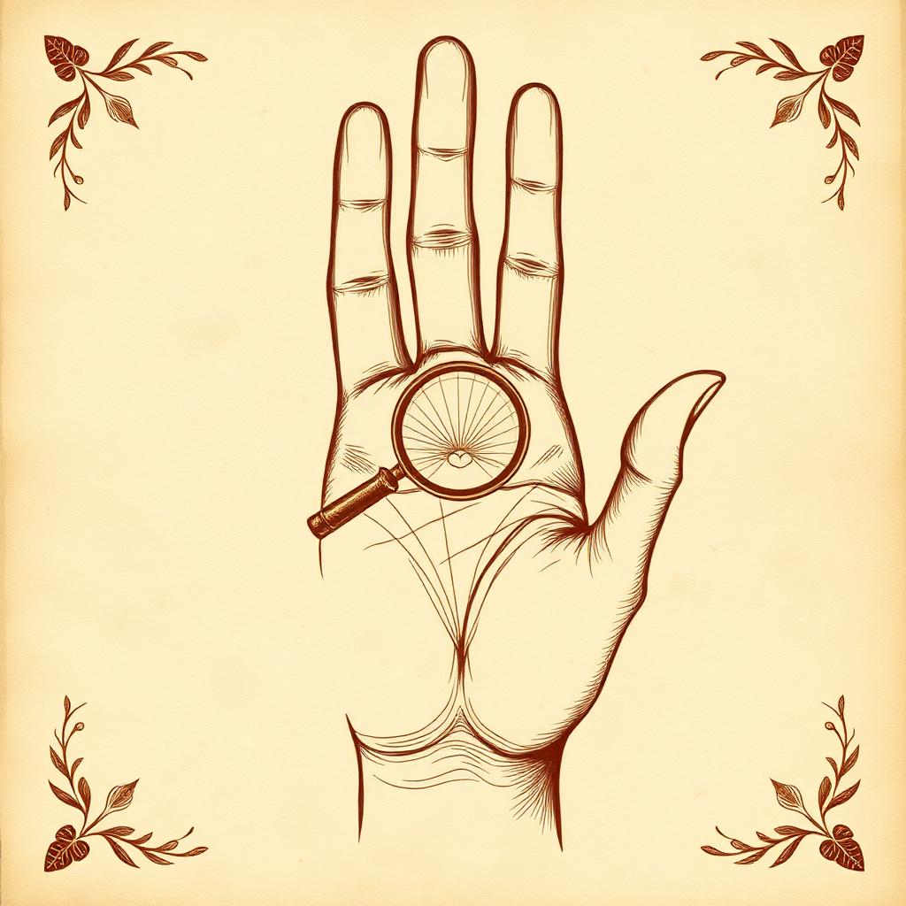 Illustration of a right palm on parchment with the four major lines subtly highlighted