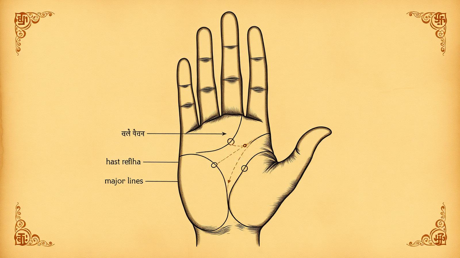 Illustration of a right palm on parchment annotated in the Indian Vedic tradition with mounts labeled with planetary names and major hand lines highlighted