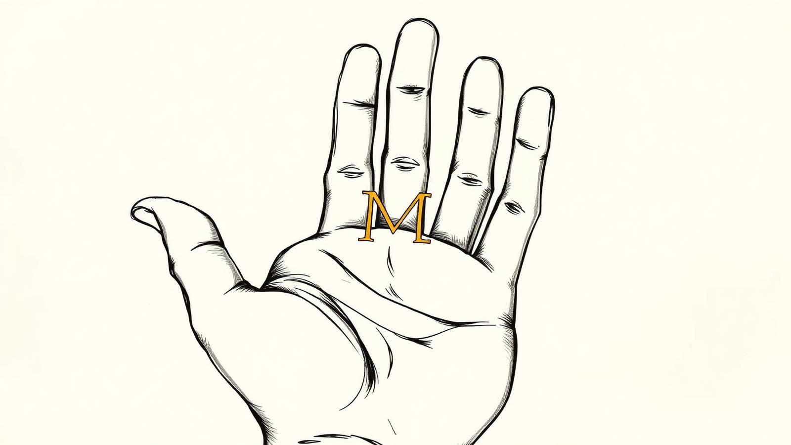 Illustration of a right palm with the heart line, head line, and life line highlighted in gold, forming the shape of a letter M across the middle of the palm