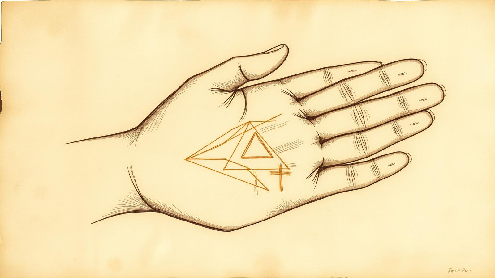 Illustration of a right palm on parchment with small palmistry signs highlighted in gold ink: a star, a triangle, a fish shape, a cross and a square