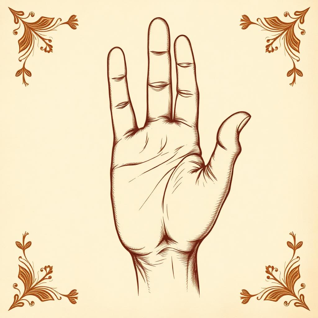 Illustration of a broad masculine right hand on parchment, drawn in fine brown ink with subtle gold accents on the palm lines