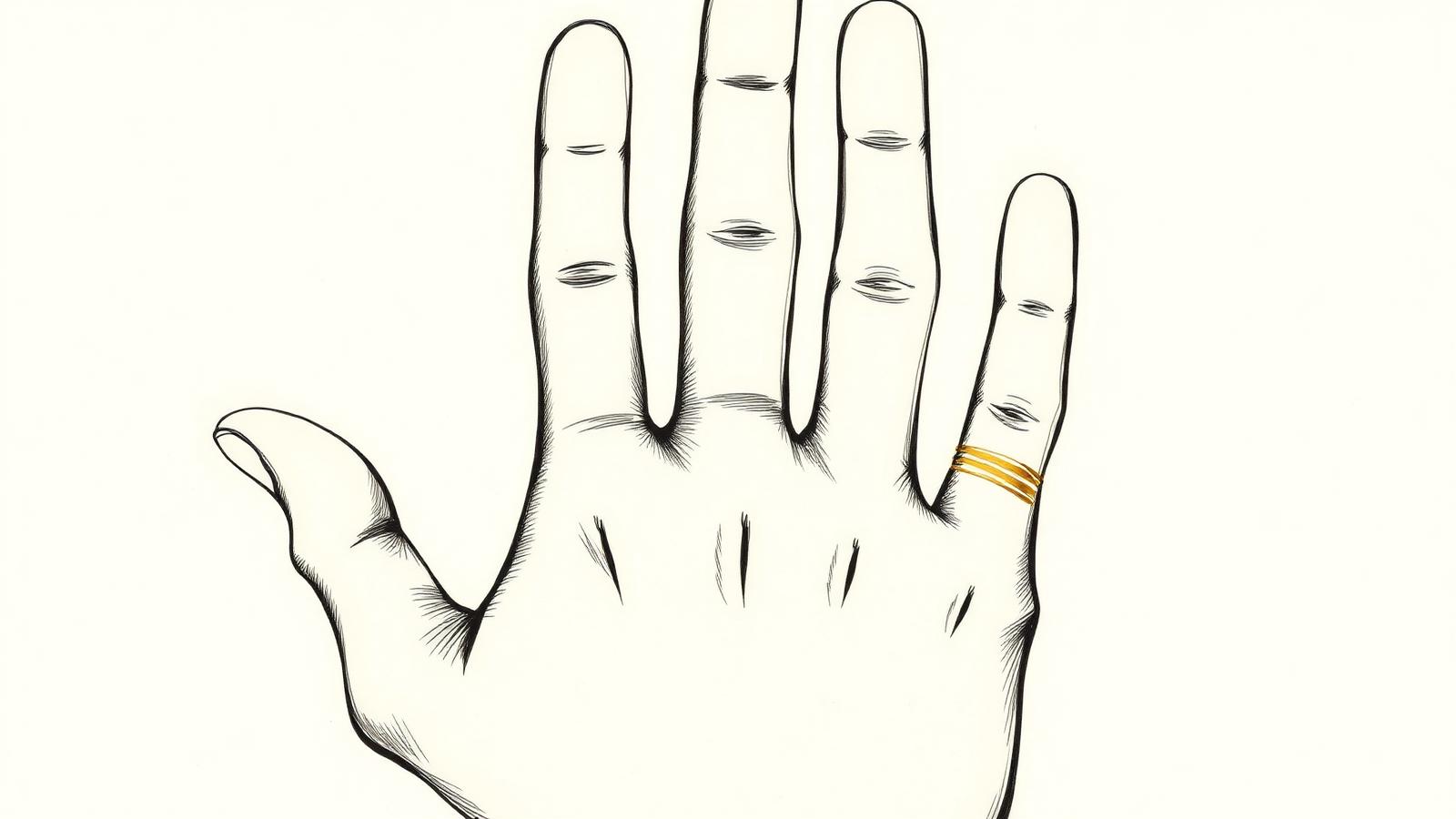 Illustration of a right palm with the marriage lines highlighted in gold on the outer edge of the palm below the pinky finger