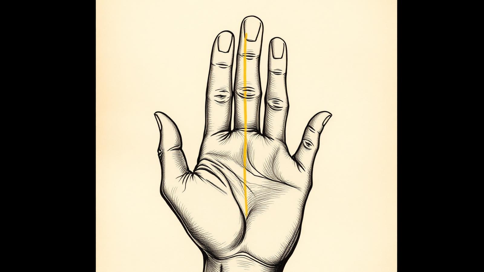 Illustration of a right palm with the sun line highlighted in gold, running up the palm toward the base of the ring finger