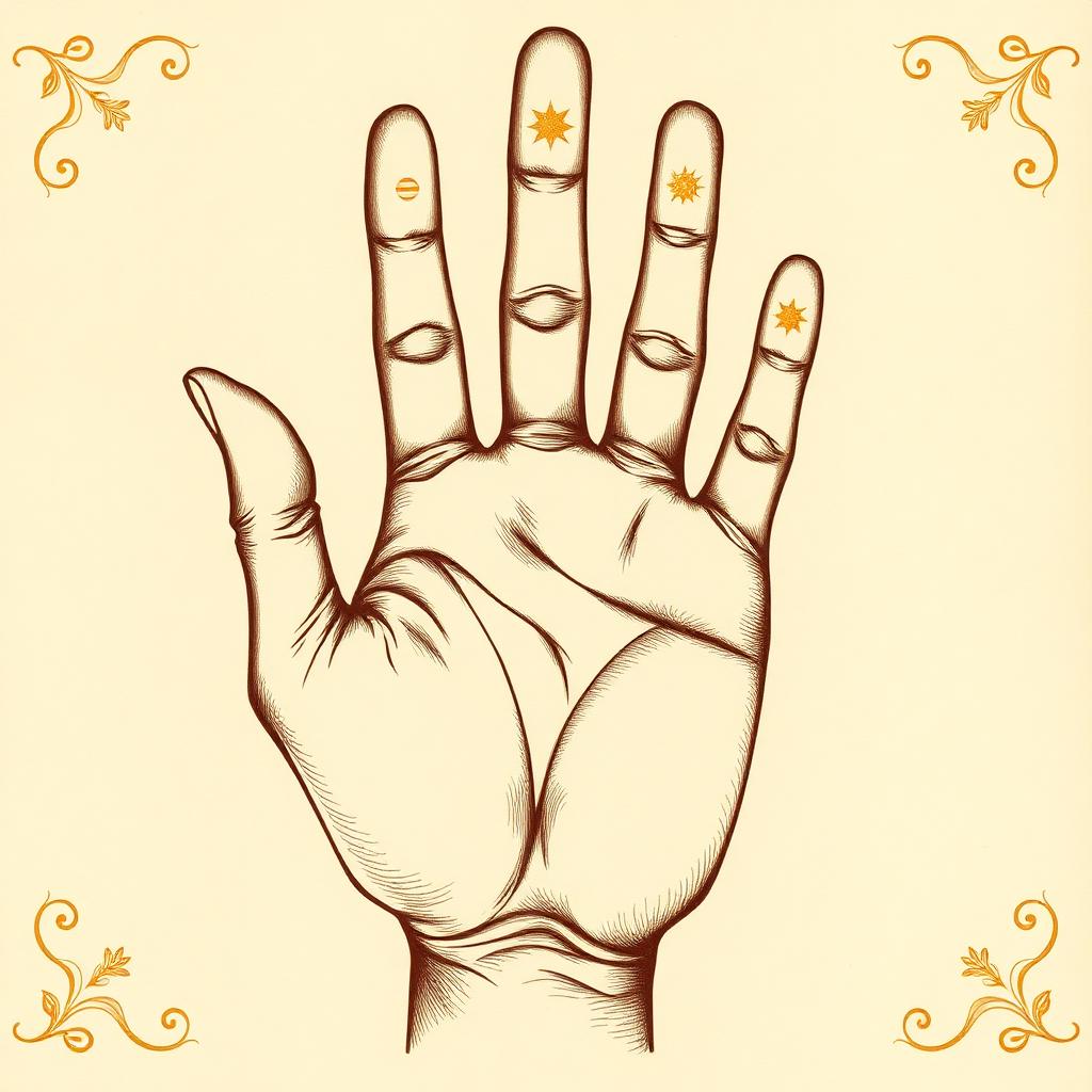 Illustration of a right palm on parchment with the eight mounts marked with small gold dots