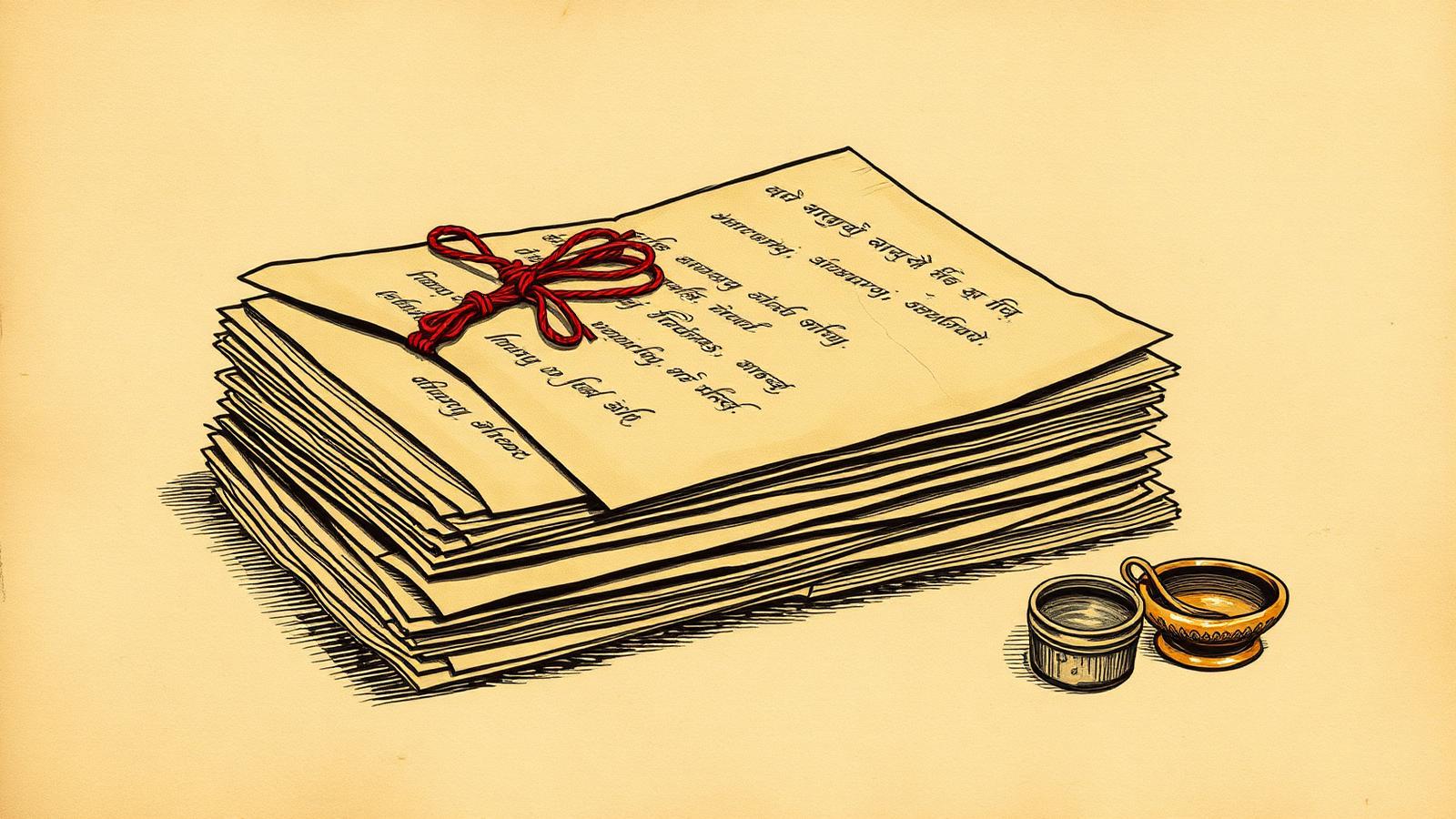 Illustration of a stack of ancient palm-leaf manuscripts tied with red string beside a small oil lamp on parchment
