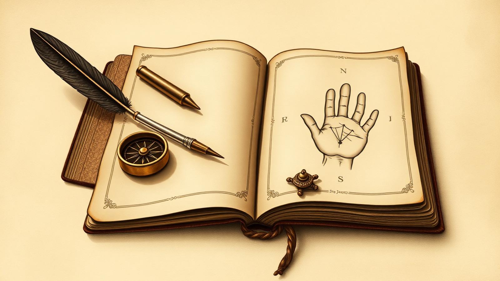 Editorial illustration on parchment of an antique open palmistry book, a quill pen, and a small brass compass beside it