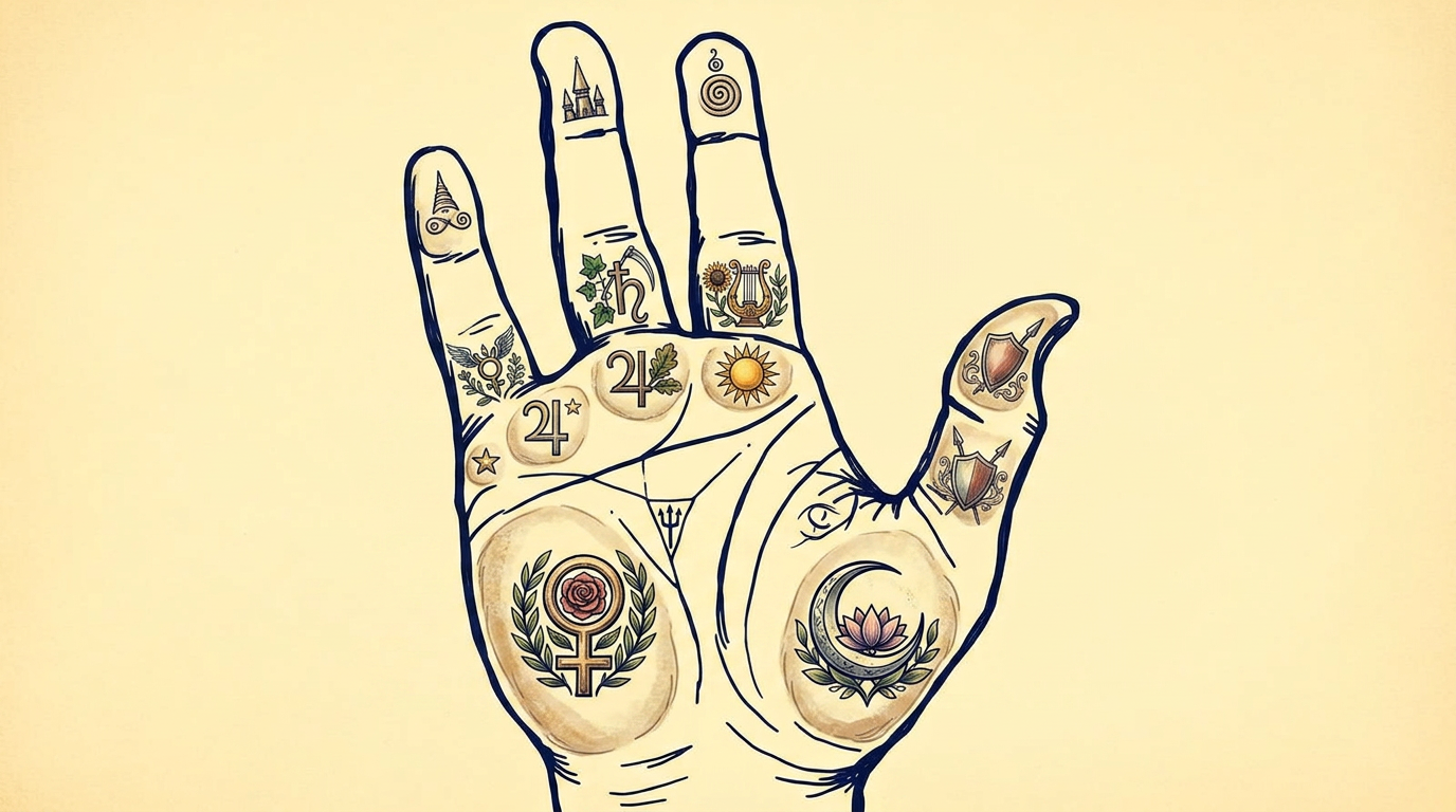 Illustration of a palm showing the four major lines and the mounts of the hand, each labeled with a small ornament