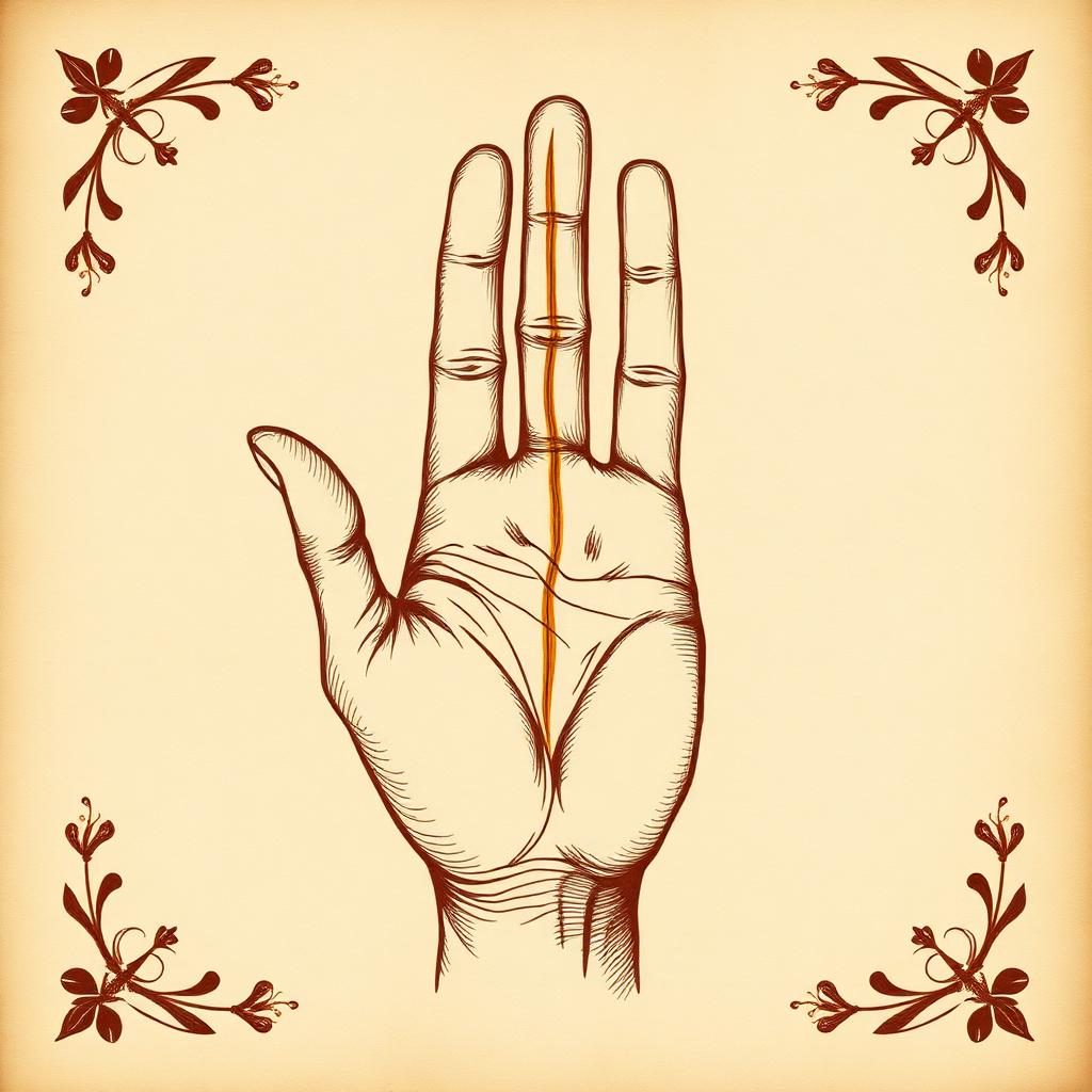 Illustration of a right palm on parchment with the sun line highlighted in gold running vertically up the palm toward the base of the ring finger