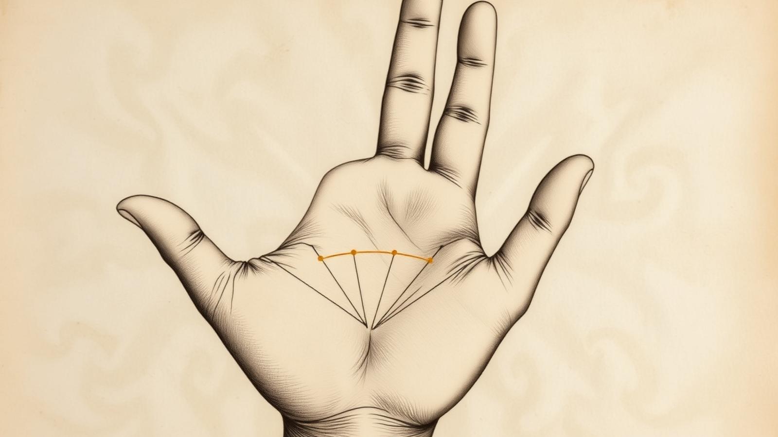 Illustration of a right palm on parchment with three small horizontal travel lines highlighted in gold on the outer edge below the pinky