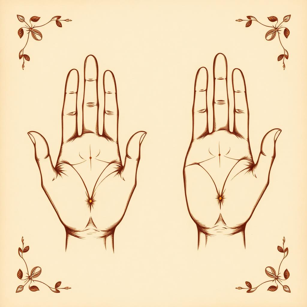 Illustration of both palms side by side on parchment, with a small gold mark in the center of each palm